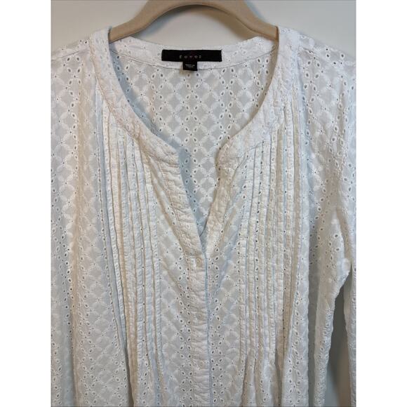 Fever White Eyelet Pintuck Boho Blouse Women’s L Cotton Peasant Top - Picture 2 of 16